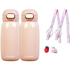 青檸橄欖太空人一觸式保溫瓶 350ml x 2p + 背帶 2p + 三維貼紙 2p 套裝, 粉紅色