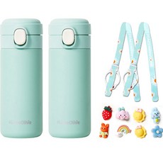 LimeOlive 粉彩保溫瓶 2個+背帶 2條+立體貼紙 2款組, 綠色(保溫瓶)+綠色(背帶)+隨機出貨(立體貼紙), 350ml, 1組