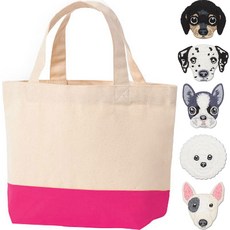 迷你雙色環保袋 + 狗狗頭像布貼 5種 DIY套組, 亮粉色(環保袋), 隨機出貨(布貼), 1套