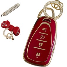 RURU兄弟 雪佛蘭相容 優質TPU鑰匙殼+電話號碼鑰匙圈+皮革緞帶套組, 深紅色, AC-03