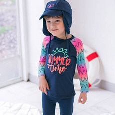 GOING KIDS 童款時尚波紋防曬泳衣+緊身長泳褲+遮陽帽組