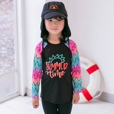 GOING KIDS 童款時尚波紋防曬泳衣+緊身長泳褲+遮陽帽組