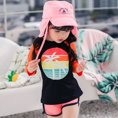 GOING KIDS 童款棕櫚樹印花防曬泳衣+短泳褲+遮陽帽組