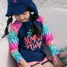 GOING KIDS 童款時尚波紋防曬泳衣+短泳褲+遮陽帽組