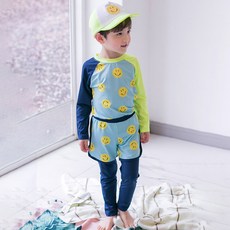 GOING KIDS 童款微笑印花防曬泳衣+緊身長泳褲+遮陽帽組