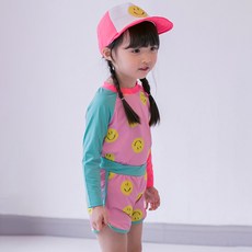 GOING KIDS 童款微笑印花防曬泳衣+短泳褲+遮陽帽組