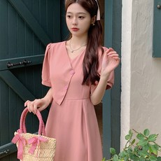 elsso. 京城復古風鈕釦連身裙, 粉色