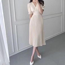 페이퍼먼츠 브이넥 사선 랩 슬림핏 스트랩 플리츠 주름 원피스 05330