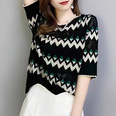 페이퍼먼츠 여성용 라운드넥 루즈핏 지그재그 시스루 니트 티셔츠 05365