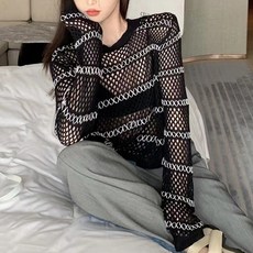 비비에모 코우타 스트라이프 펀칭 여름 크롭 니트 티셔츠 03751