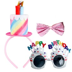 PARTYSHOW 可愛蛋糕髮箍 + 字母生日眼鏡 + 蝴蝶領結 雙面套組, 彩虹(髮箍), 白色(眼鏡), 淺粉色(領結), 1套
