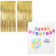 PARTYSHOW 錫箔流蘇星星印花窗簾 2p + 大型氣球派對 B型 生日橫幅組, 金色(窗簾), 混合色(橫幅), 1套