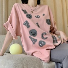 메이첼 여성용 통기성 데일리 스마일 알파벳 레터링 여름 반소매 티셔츠 02524