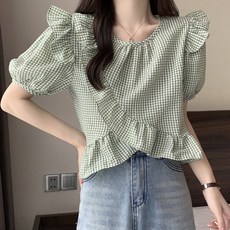 MEICHEL 大尺碼斜向荷葉邊格紋短袖罩衫 02460