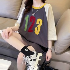 메이첼 여성용 통기성 우노도스 123 배색 나그랑 라운드 넥 루즈핏 티셔츠 02548