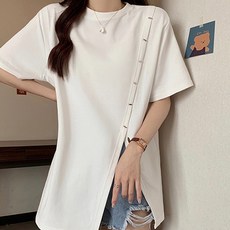 메이첼 여성용 통기성 언발란스 사선 트임 루즈핏 반소매 티셔츠 02544