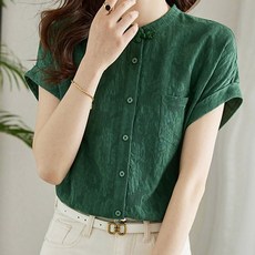 페이퍼먼츠 여성용 헨리넥 여름 포켓 롤업 반소매 블라우스 05234