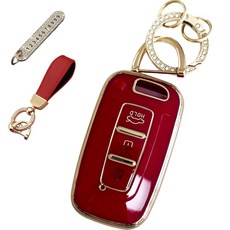 루루형제 현대 호환 자동차 프리미엄 TPU 키 케이스+번호 키링+가죽스트랩, 딥레드, HK-03