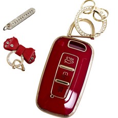 루루형제 현대 호환 자동차 프리미엄 TPU 키 케이스+번호 키링+가죽리본, 딥레드, HK-03