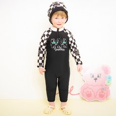 milk mile 童款3隻小熊圖案棋盤格連身泳衣+抽繩防曬帽組