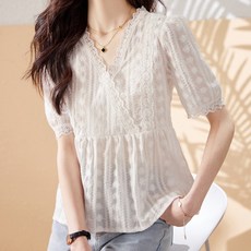 Paperments 女款時尚淑女V領透視蕾絲襯衫 04851