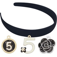 髮帶 19mm + No.5 + No.5 圓形 + 玫瑰 DIY 套組, 金白色(No.5), 金黑色(No.5圓形), 黑色(玫瑰), 1套