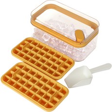 Iwooa 一鍵式製冰盒 32格 2入 + 儲冰盒 + 蓋子 + 固定架 + 冰鏟組合, 橘黃色, 1套