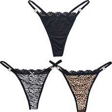 女款Bling Pulu Dovdov性感T字褲 3件組 BP204, 黑色、豹紋、斑馬紋