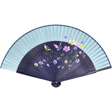 八福商會 鏤空絲綢花卉摺扇, 1個, 藍色