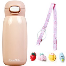 LimeOlive 太空人彈蓋式保溫瓶 350ml+背帶+立體貼紙組, 粉色(保溫瓶)+粉色(背帶)+隨機出貨(立體貼紙)