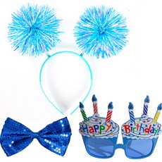 PARTYSHOW 閃亮鈴鐺髮箍 + 生日杯子蛋糕眼鏡 + 蝴蝶領結 雙面套組, 藍色, 1套