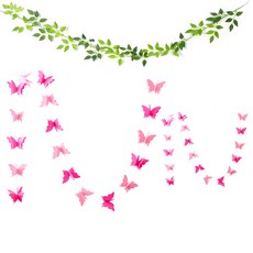 PARTYSHOW 大型蝴蝶掛旗 2入 + 尤加利橢圓葉掛旗 1.8m 套組, 粉紅色(掛旗), 1套