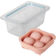 SiliGarden 冷凍庫冰塊保存盒 + 矽膠圓形4格大冰塊模具套組, 蜜桃粉, 1套