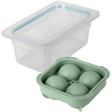 SiliGarden 冷凍庫冰塊保存盒 + 矽膠圓形4格大冰塊模具套組, 森林綠, 1套