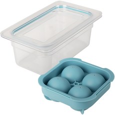 Sili Garden 冷凍庫冰塊儲存盒 + 矽膠圓形4格大冰塊模具組, 天空藍, 1套