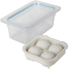 SiliGarden 冷凍庫冰塊保存盒 + 矽膠圓形4格大冰塊模具套組, 奶油白, 1套