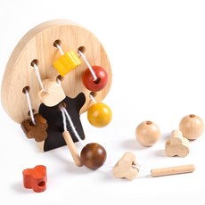 PAPASTOY bable puary 幼兒用穿珠子原木塊教具, 混合顏色, 1個