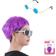 PARTYSHOW 偶像假髮 + 復古迷你眼鏡組合, 紫色(假髮), 金邊藍色(眼鏡), 1套