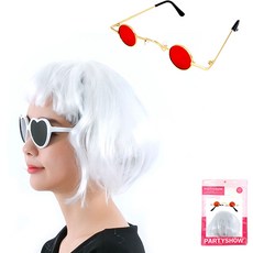 派對秀短髮假髮+復古迷你眼鏡套組, 白色（假髮）、鎏金紅（眼鏡）, 1組