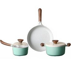 IH爐適用木質握把不沾鍋具組, 單柄鍋 16cm+雙耳鍋 20cm+平底鍋 26cm, 薄荷綠