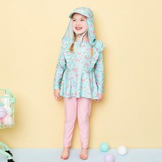 andiapple 女童款海灘行防曬泳衣+護頸遮陽帽套組