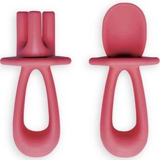 타이니트윙클 유아용 실리콘 핑거스푼 + 포크 세트, 버건디, 1세트