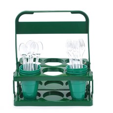 PARTYSHOW 可折疊飲料杯托盤 (小) + 透明湯匙叉子組, 綠色, 1套