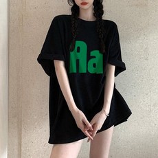 메이첼 여성용 통기성 빈티지 A레터링 포인트 오버핏 라운드넥 반소매 티셔츠 02619