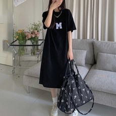 메이첼 데일리 레터링 루즈핏 라운드넥 코튼 통기성 반소매 미디 원피스 02621