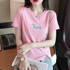 메이첼 여성용 라운드넥 영문 프린팅 컬러풀 버튼 슬림핏 반팔 티셔츠 02603