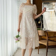 비비에모 복고풍 언발란스 스퀘어넥 퍼프 슬리브 주름 원피스 03502