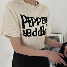 메이첼 여성용 라운드넥 픽셀 레터링 반소매 니트 티셔츠 02697