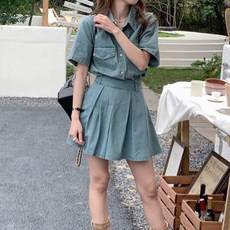 MEICHEL Orata 口袋翻領襯衫 & A字百褶迷你裙套裝 02700