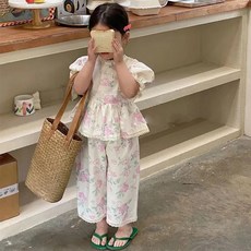 Arbe 女童透氣復古玫瑰上衣褲子套裝